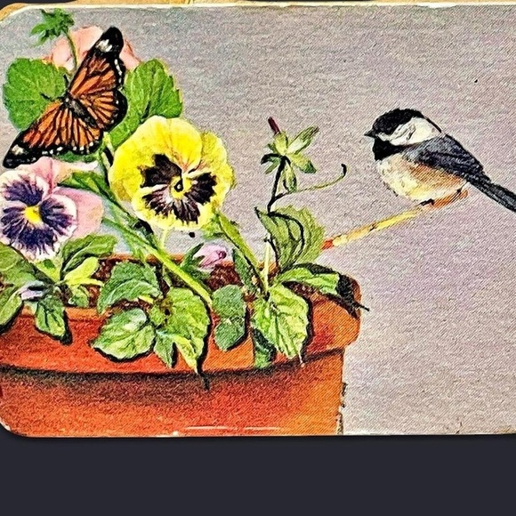 Artisan Hand Painted Yellow & Green Pin With Bird, Butterflies & Flowers. - Picture 3 of 3